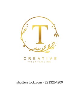 
Gold letter T logo design with circular flower and leaf ornament. the letter T design is beautiful and luxurious. monogram typography T. suitable for logos of beauty, business, company, promotion etc