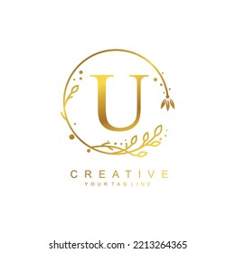 
Gold letter U logo design with circular flower and leaf ornament. the letter U design is beautiful and luxurious. monogram typography U. suitable for logos of beauty, business, company, promotion etc