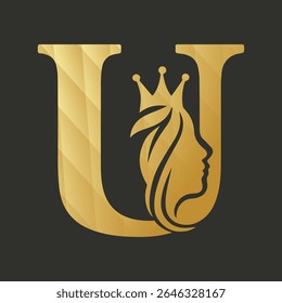 Gold Letter U Logo Queen Crown Hair Design vector