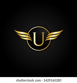 Gold Letter U Wing Circle Logo Modern Stripe Elegant Premium Vector