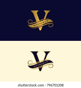 Letra dorada V. Bonito logotipo caligráfico con cinta adhesiva para etiquetas. Estilo elegante. Emblema pintado para el diseño de libros, marca, tarjeta de visita, Restaurante, Boutique, Hotel. Ilustración del vector