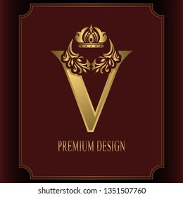 Gold Letter V with Crown. Graceful Royal Style. Calligraphic Beautiful Logo. Vintage Drawn Emblem for Book Design, Brand Name, Business Card, Restaurant, Boutique, Crest, Hotel. Vector illustration