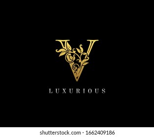 Gold Letter V Logo. V Letter Design Vector with Golden Colors and Floral Hand Drawn.