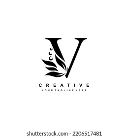 gold letter V logo design with flourish ornaments. logo V with floral and leaf ornaments. V beautiful logo. luxury letter V logo design