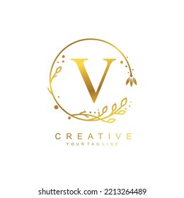 
Gold letter V logo design with circular flower and leaf ornament. the letter V design is beautiful and luxurious. monogram typography V. suitable for logos of beauty, business, company, promotion etc