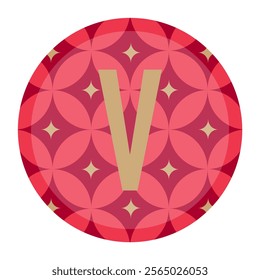 Gold letter V in a red floral pattern with a circular frame. A modern and sophisticated design, suitable for luxury branding and high-end creative design projects.