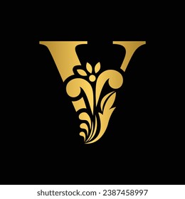 Gold letter V. Vintage golden flower ornament initial letters.  Alphabet. Logo vector 