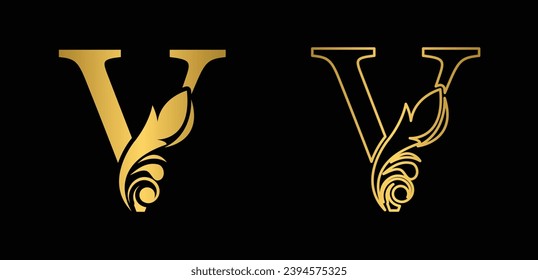 Gold letter V Vintage golden flower ornament initial letters.  Alphabet. Logo vector 