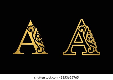 Gold letter A Vintage golden flower ornament initial letters.  Alphabet. Logo vector 