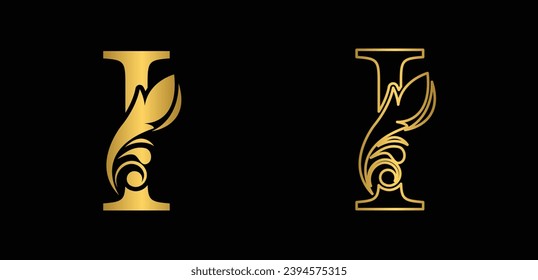 Gold letter I Vintage golden flower ornament initial letters.  Alphabet. Logo vector 