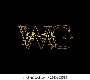 Gold  letter W, G and WG Vintage Gold Floral Logo Icon, overlapping monogram logo, elegant luxury gold color on black background. Vintage Luxury Letter Logo Icon.