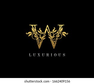 Gold Letter W Logo. W Letter Design Vector with Golden Colors and Floral Hand Drawn.