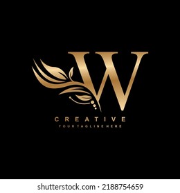 gold letter W logo design with luxurious and beautiful leaf ornament. W Monogram. W typography. gold feather logo. initial letter W logo