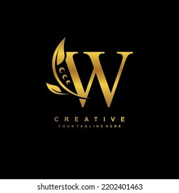 gold letter W logo with luxury gold leaf ornament. W flourish, monogram, typography. feather logo. W premium design. suitable for company logo, business, boutique, wedding, celebration, etc