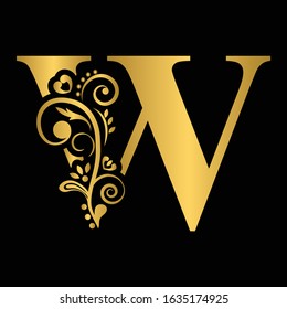 Gold letter W. Vintage golden flower ornament initial letters.  Alphabet. Logo vector 