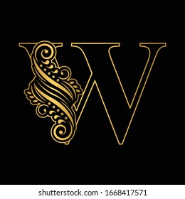 Gold letter W. Vintage golden flower ornament initial letters.  Alphabet. Logo vector 