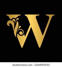 Gold letter W Vintage golden flower ornament initial letters.  Alphabet. Logo vector 