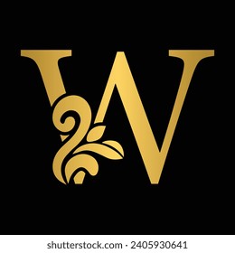 Gold letter W Vintage golden flower ornament initial letters.  Alphabet. Logo vector 