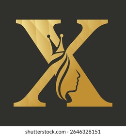 Gold Letter X Logo Queen Crown Hair Woman Profile vector
