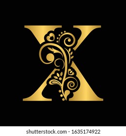 Gold letter X. Vintage golden flower ornament initial letters.  Alphabet. Logo vector 