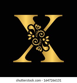 Gold letter X. Vintage golden flower ornament initial letters.  Alphabet. Logo vector 