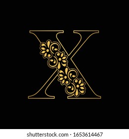 Gold letter X. Vintage golden flower ornament initial letters.  Alphabet. Logo vector 