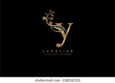 gold letter Y logo design with beautiful and elegant flower and feather decoration.Y design. icon Y. design Y