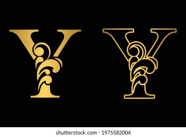 Gold letter Y. Vintage golden flower ornament initial letters.  Alphabet. Logo vector 