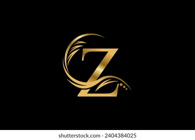 Diseño del logo de la letra dorada Z con hermosos adornos de hojas, flores y plumas. letra inicial Z. florece el monograma Z. apto para logotipos para tiendas, empresas, empresas, estética, oficinas, spas, etc.