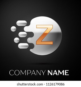 Gold Letter Z logo. Silver dots splash and abstract liquid bubble shape on black background. Vector template for your design
