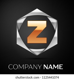 Gold Letter Z logo symbol in the colorful silver hexagonal on black background. Vector template for your design