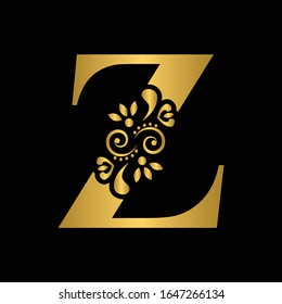 Gold letter Z. Vintage golden flower ornament initial letters.  Alphabet. Logo vector 