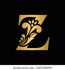 Gold letter Z. Vintage golden flower ornament initial letters.  Alphabet. Logo vector 