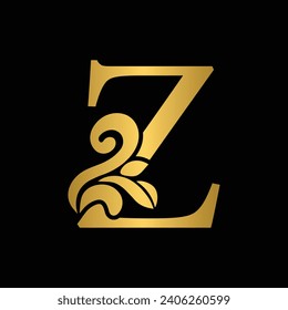 Gold letter Z Vintage golden flower ornament initial letters.  Alphabet. Logo vector 