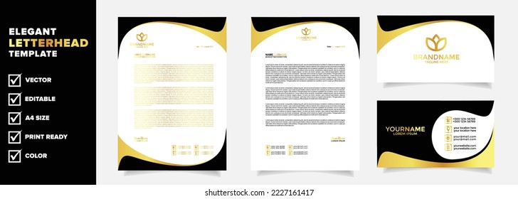 gold letterhead design and business card template luxury color editable format A4