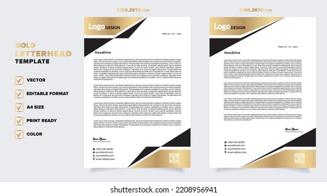 Gold Letterhead Design Template For Stationary For Business Corporation Editable Format	