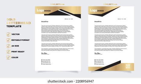 Gold Letterhead Design Template For Stationary For Business Corporation Editable Format	