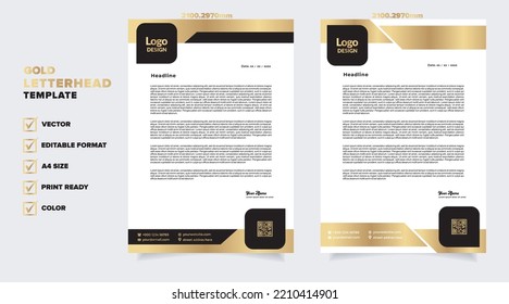 gold letterhead template for business company stationery design with A4 sheet vector format and editable layout in golden color