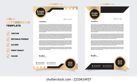 gold letterhead template for business company stationery design with A4 sheet vector format and editable layout in golden color