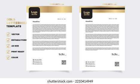 gold letterhead template for business company stationery design with A4 sheet vector format and editable layout in golden color
