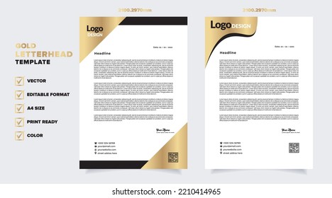 gold letterhead template for business company stationery design with A4 sheet vector format and editable layout in golden color