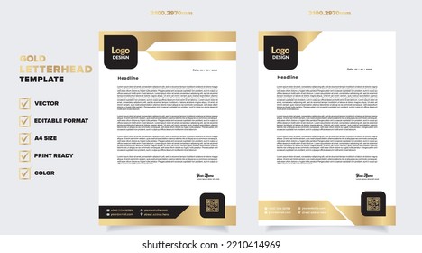 gold letterhead template for business company stationery design with A4 sheet vector format and editable layout in golden color