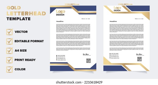 gold letterhead template for business company stationery design with A4 sheet vector format and editable layout in golden color