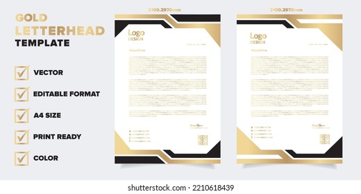 gold letterhead template for business company stationery design with A4 sheet vector format and editable layout in golden color