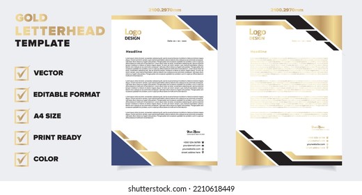 gold letterhead template for business company stationery design with A4 sheet vector format and editable layout in golden color