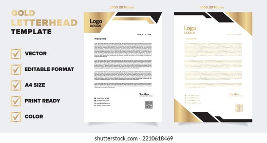 gold letterhead template for business company stationery design with A4 sheet vector format and editable layout in golden color