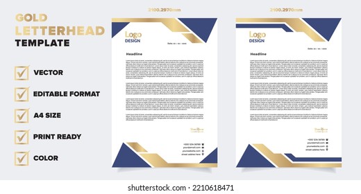 gold letterhead template for business company stationery design with A4 sheet vector format and editable layout in golden color