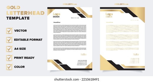 gold letterhead template for business company stationery design with A4 sheet vector format and editable layout in golden color
