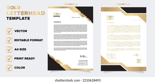 gold letterhead template for business company stationery design with A4 sheet vector format and editable layout in golden color