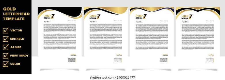 gold letterhead template for business company stationery design with A4 sheet vector format and editable layout 